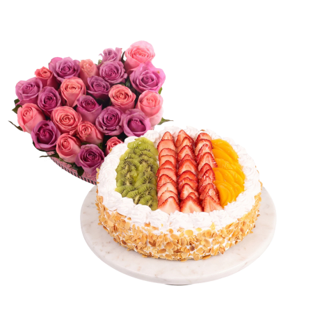two dozen roses and cake gift set 